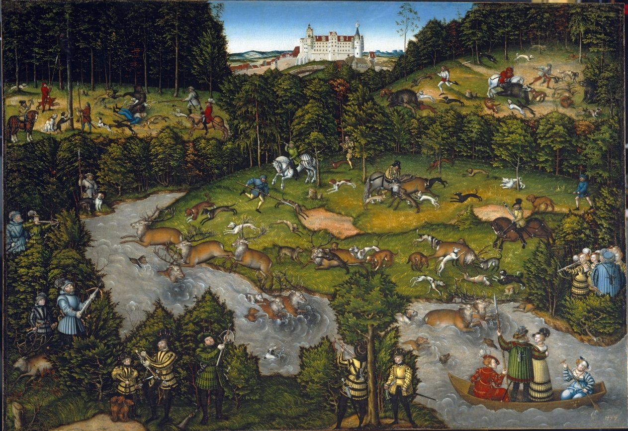 Gemälde einer höfischen Jagd: Hirsche schwimmen durch einen Fluss, am Ufer warten Jäger mit Armbrüsten, im Hintergrund ein Schloss.